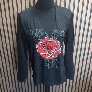Black Cutout Top With Red Rose Graphic